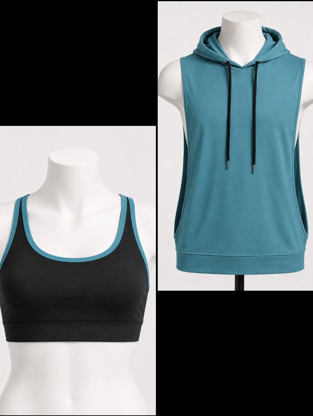 2-Piece Sleeveless Hooded Tank Top & Sports Bra Workout Set Teal/Black